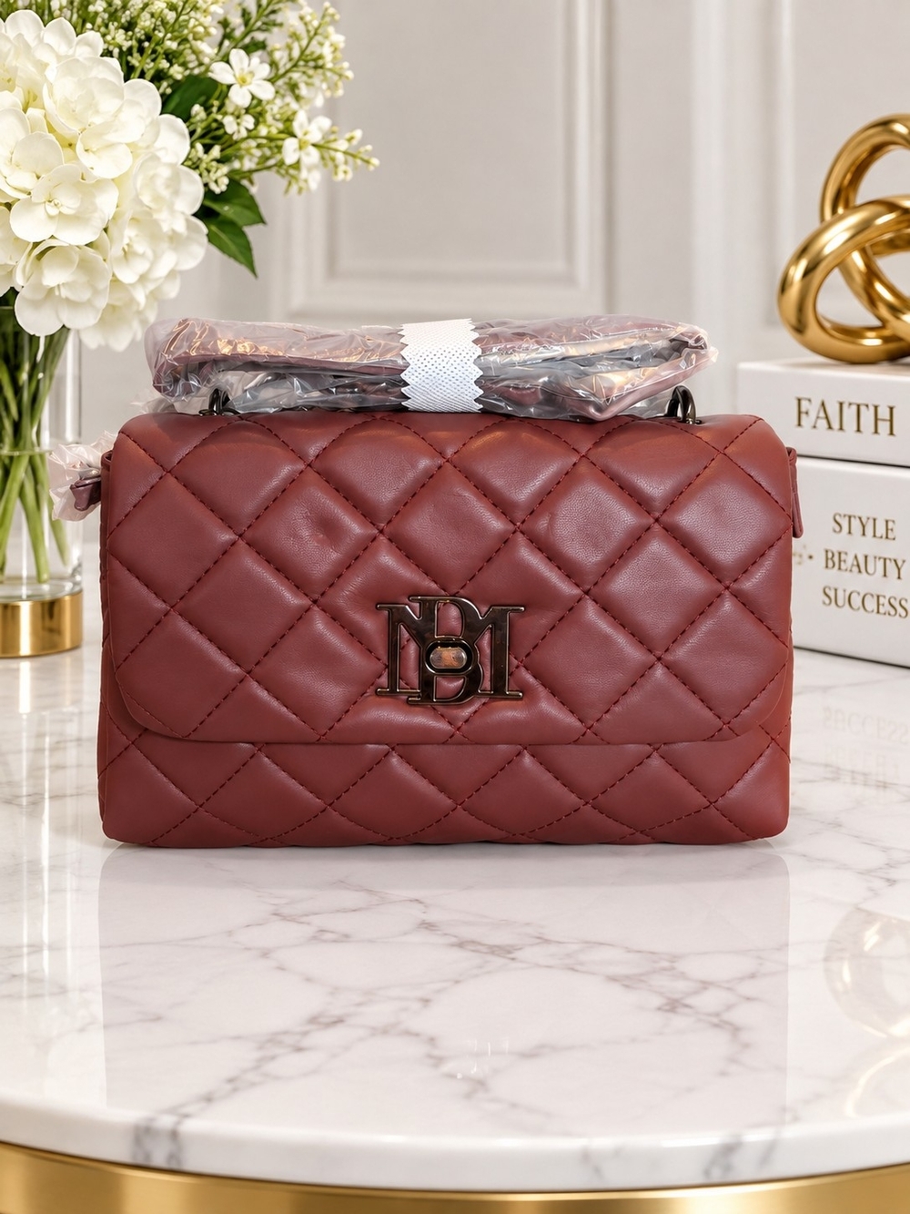 Badgley Mischka Quilted Shoulder Bag in Deep Burgundy
